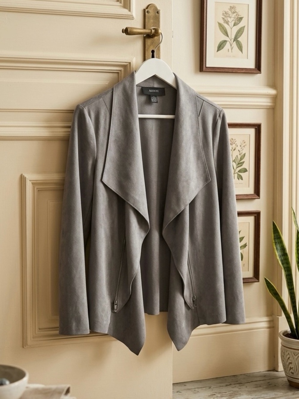 Alfani Gray Draped Open Front Faux Suede Blazer